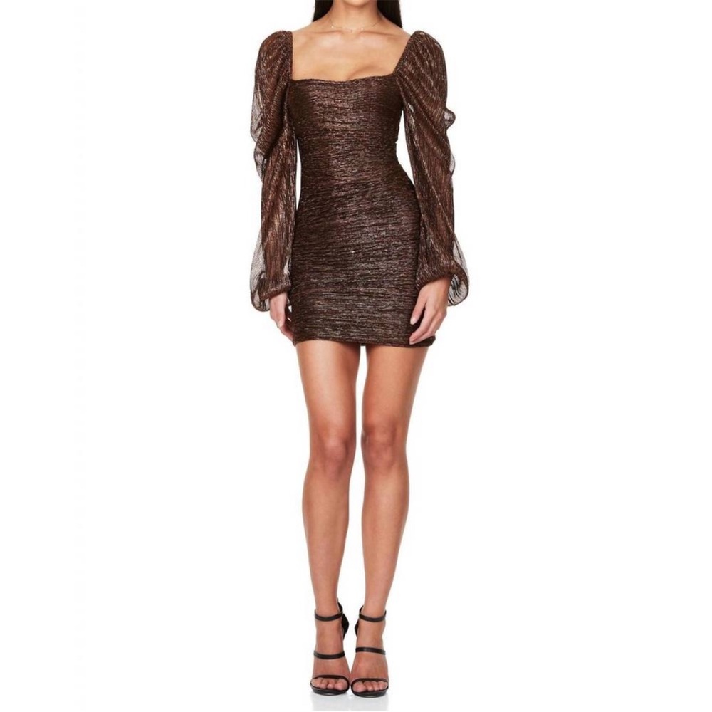 Nookie Metallic Brown Puff Sleeve Mini Dress